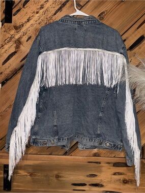 White Fringe Blue Denim Jacket by Elia Cher